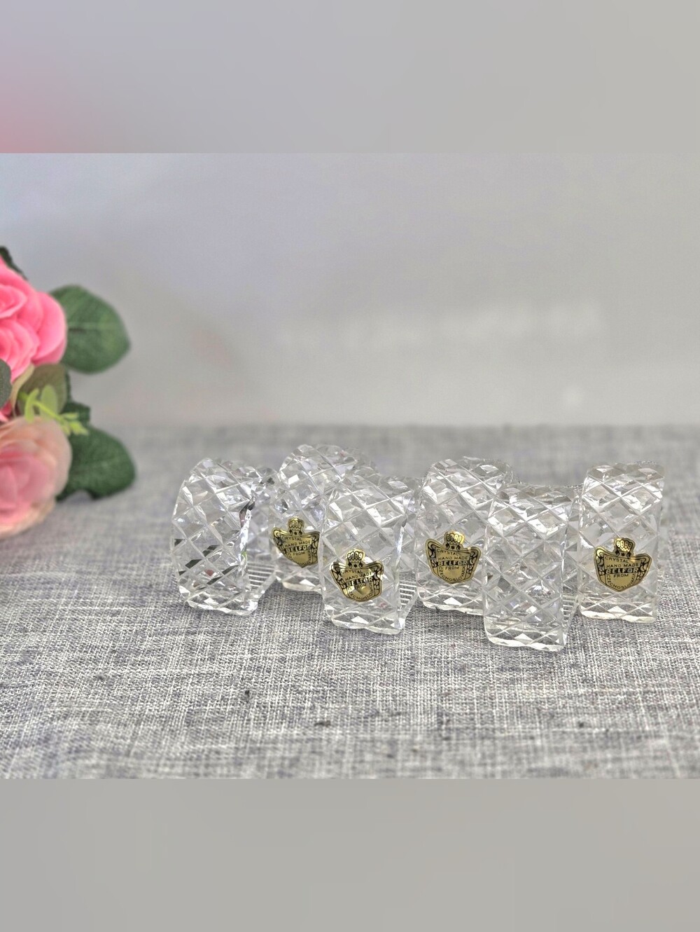 Vintage Belfor Crystal Napkin Rings Set of 6 Diamond Cut Czechoslovakia AS-IS